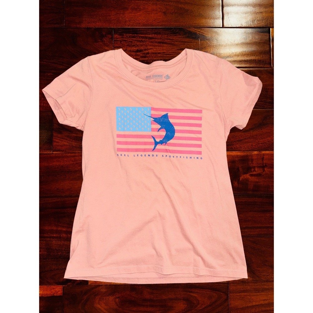 Reel Legends Graphic T-Shirt Woman Large Pink Excellent Marlin Flag Sportfishing